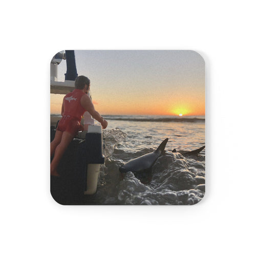 Dolphins at Sunset Cork Coaster — Beach Boat Ocean Drink Coaster